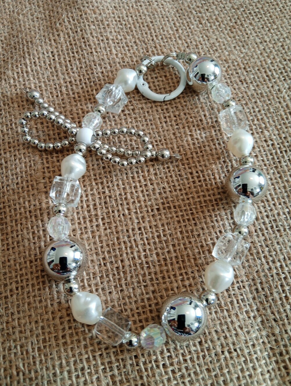 Elegant White and Silver Beaded Keychain Charm with Faux Pearls